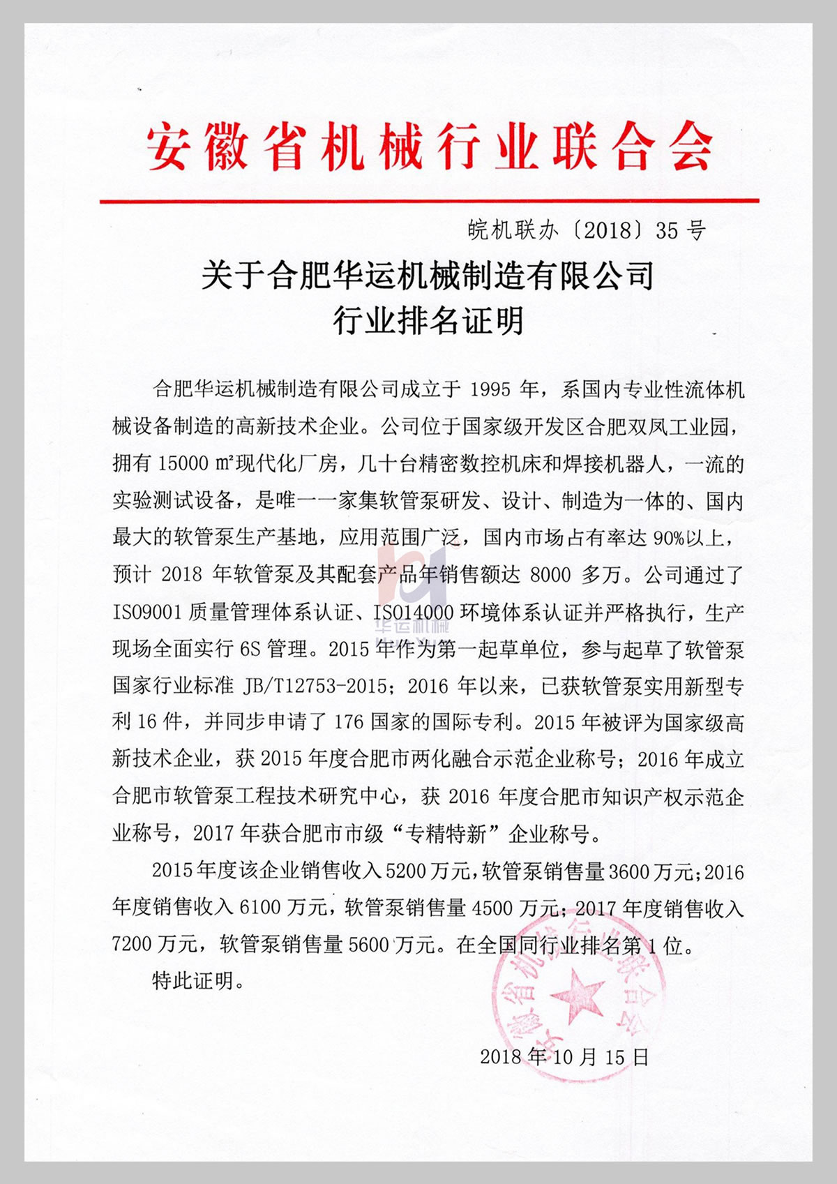 Proof of industry ranking of Huayun Machinery Manufacturing Co., Ltd.